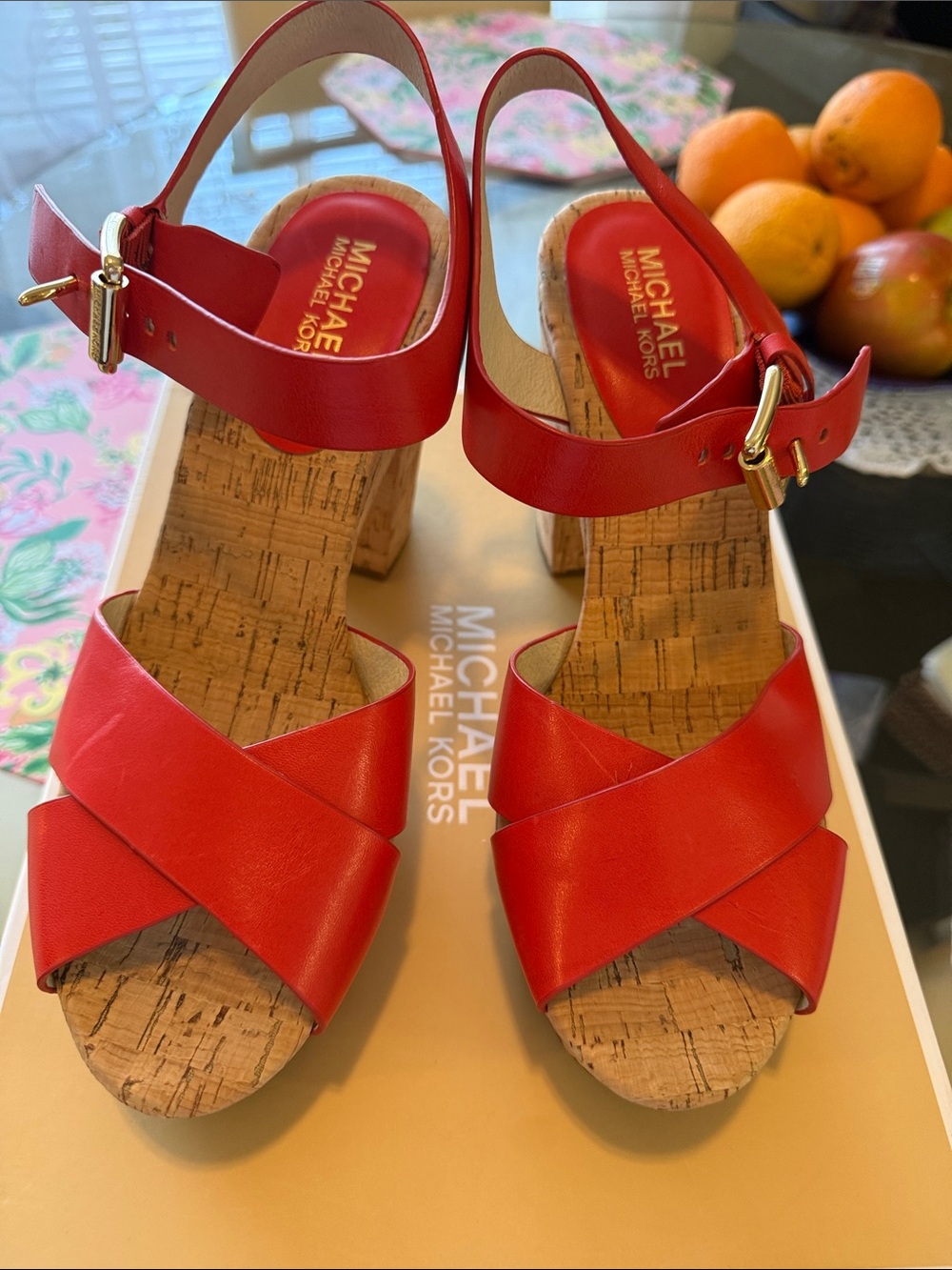 Michael Kors Bright Red Leather Cork Wedge Sandals with Gold Buckles